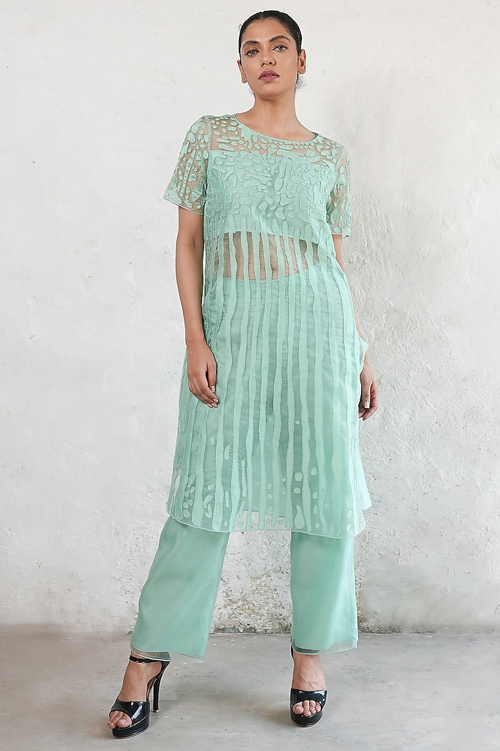 Mint Banarasi Silk Organza Hand Embroidered A-Line Kurta Set by Saksham and Neharicka at Pernia's Pop Up Shop