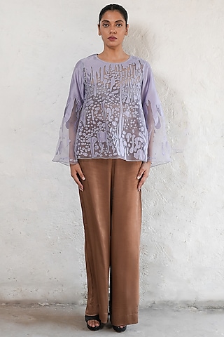 Aster Purple Banarasi Silk Organza Applique Embroidered Top by Saksham and Neharicka