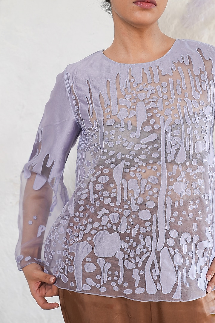 Aster Purple Banarasi Silk Organza Applique Embroidered Top by Saksham and Neharicka at Pernia's Pop Up Shop