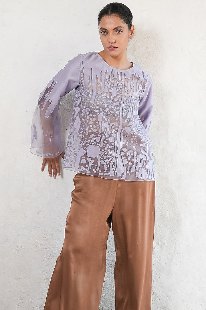 Aster Purple Banarasi Silk Organza Applique Embroidered Top by Saksham and Neharicka at Pernia's Pop Up Shop