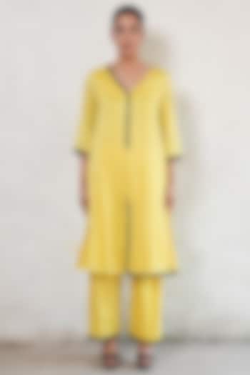 Pineapple Yellow Banarasi Cotton Silk Hand Embroidered A-Line Kurta Set by Saksham and Neharicka at Pernia's Pop Up Shop