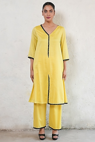 Pineapple Yellow Banarasi Cotton Silk Hand Embroidered A-Line Kurta Set by Saksham and Neharicka