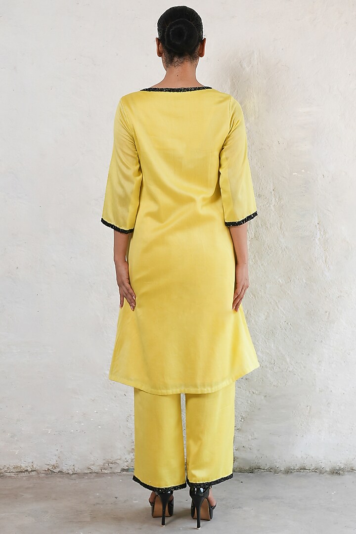 Pineapple Yellow Banarasi Cotton Silk Hand Embroidered A-Line Kurta Set by Saksham and Neharicka at Pernia's Pop Up Shop