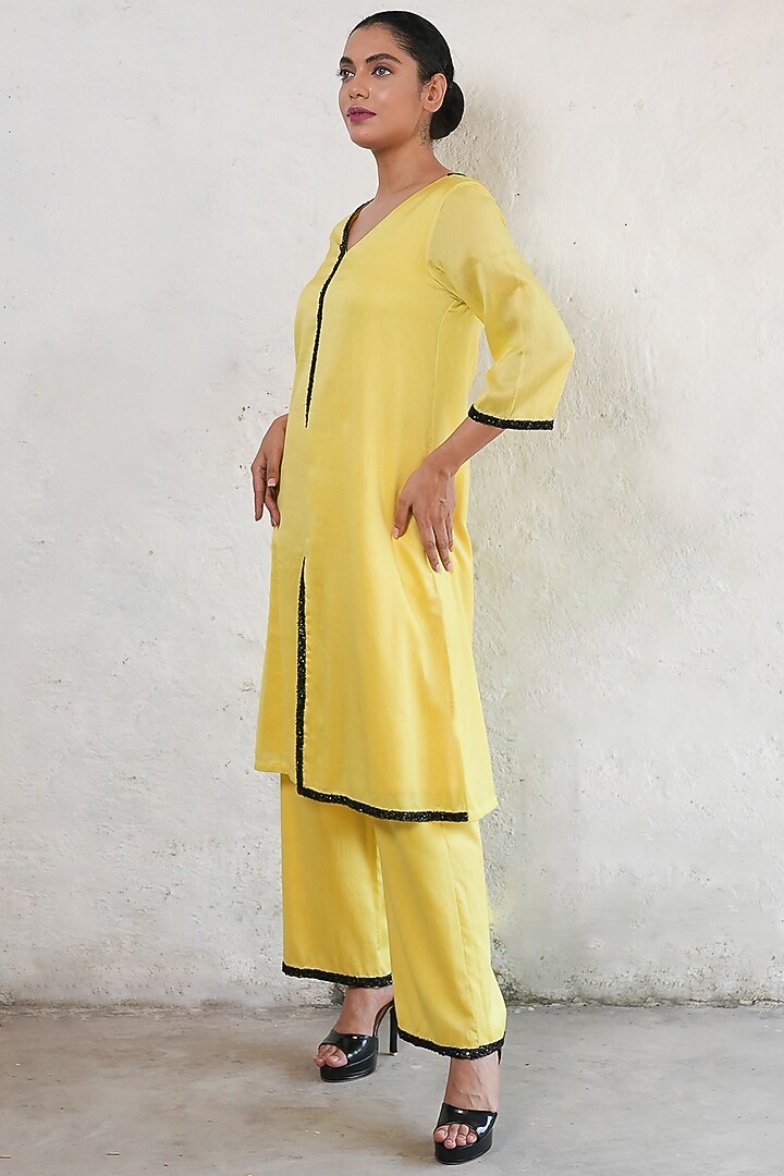 Pineapple Yellow Banarasi Cotton Silk Hand Embroidered A-Line Kurta Set by Saksham and Neharicka at Pernia's Pop Up Shop