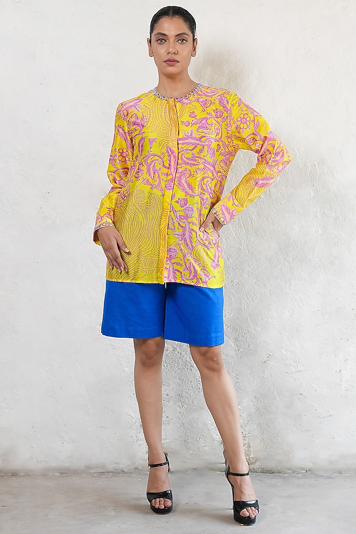 Lime Yellow Banarasi Cotton Silk Hand Embroidered Shirt by Saksham and Neharicka at Pernia's Pop Up Shop
