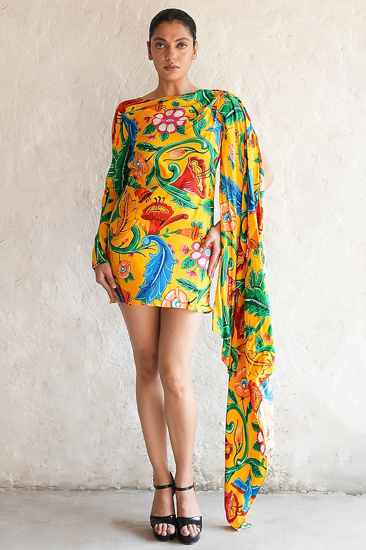 Sunshine Yellow Mul Mul Printed Mini Summer Dress by Saksham and Neharicka at Pernia's Pop Up Shop