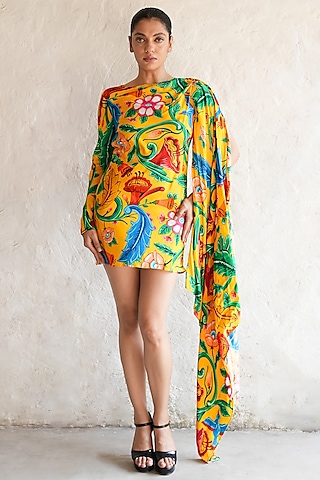 Sunshine Yellow Mul Mul Printed Mini Dress by Saksham and Neharicka