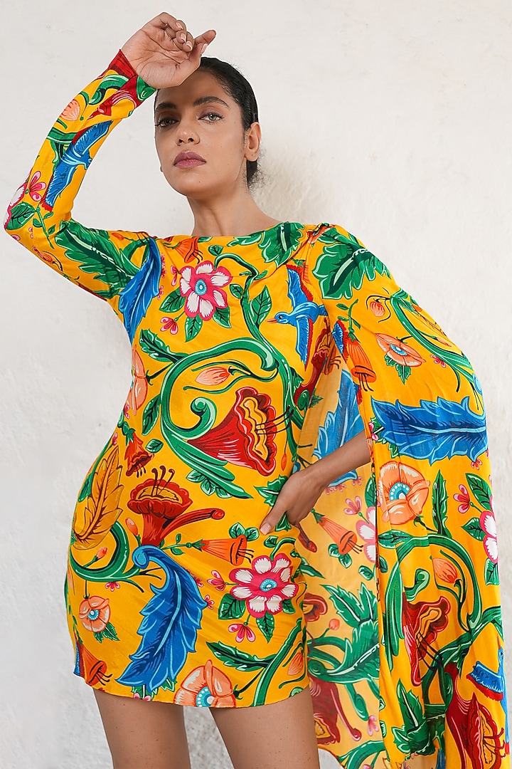 Sunshine Yellow Mul Mul Printed Mini Summer Dress by Saksham and Neharicka at Pernia's Pop Up Shop