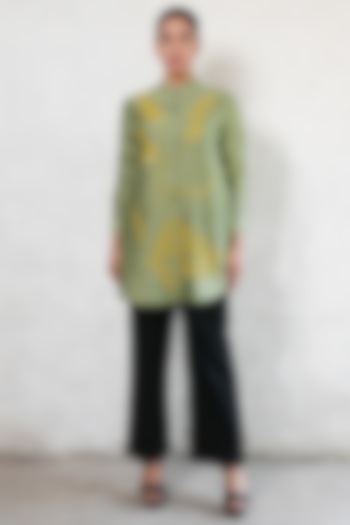 Olive Green Banarasi Cotton Silk Hand Embroidered Shirt by Saksham and Neharicka at Pernia's Pop Up Shop