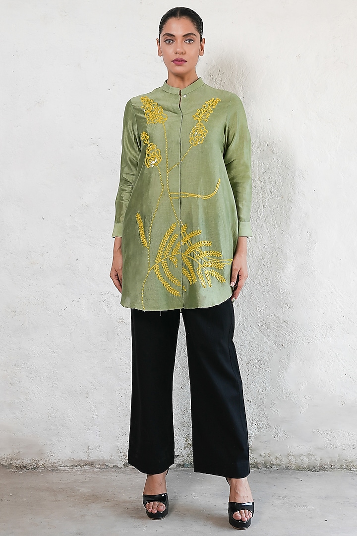 Olive Green Banarasi Cotton Silk Hand Embroidered Shirt by Saksham and Neharicka at Pernia's Pop Up Shop