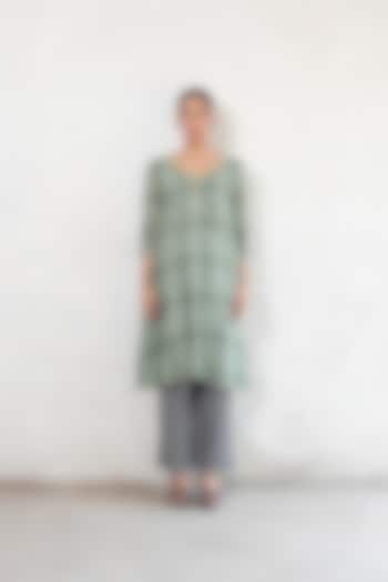 Olive Green Banarasi Cotton Silk Geometric Printed A-Line Kurta Set by Saksham and Neharicka at Pernia's Pop Up Shop