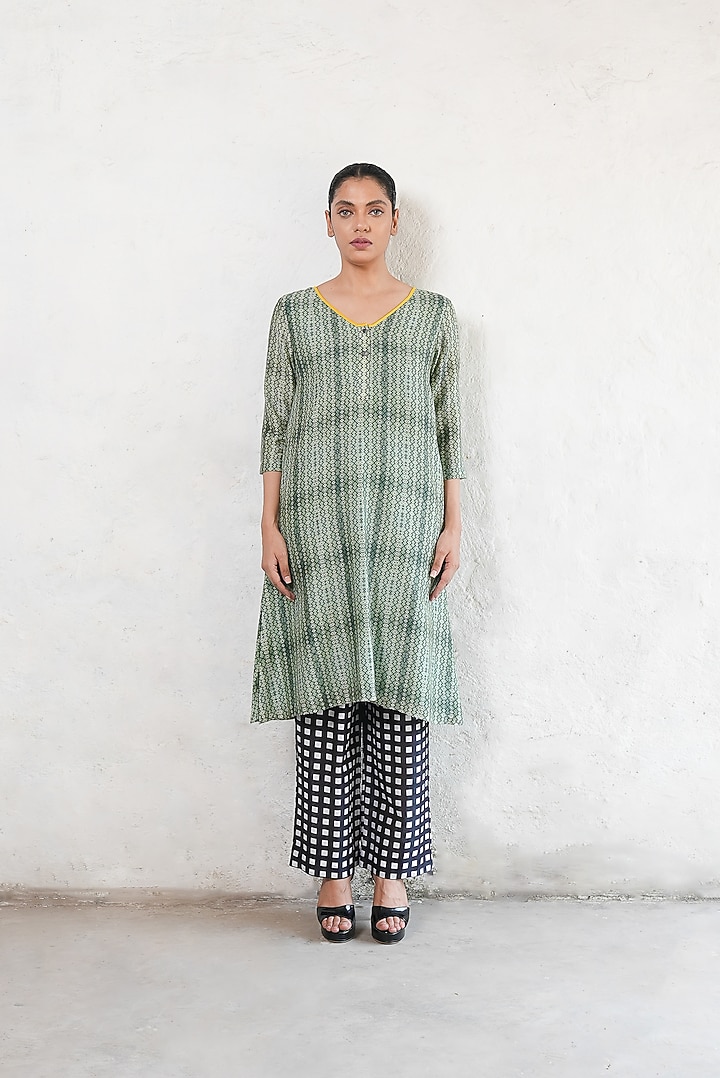 Olive Green Banarasi Cotton Silk Geometric Printed A-Line Kurta Set by Saksham and Neharicka at Pernia's Pop Up Shop