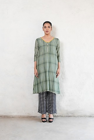 Olive Green Banarasi Cotton Silk Geometric Printed A-Line Kurta Set by Saksham and Neharicka
