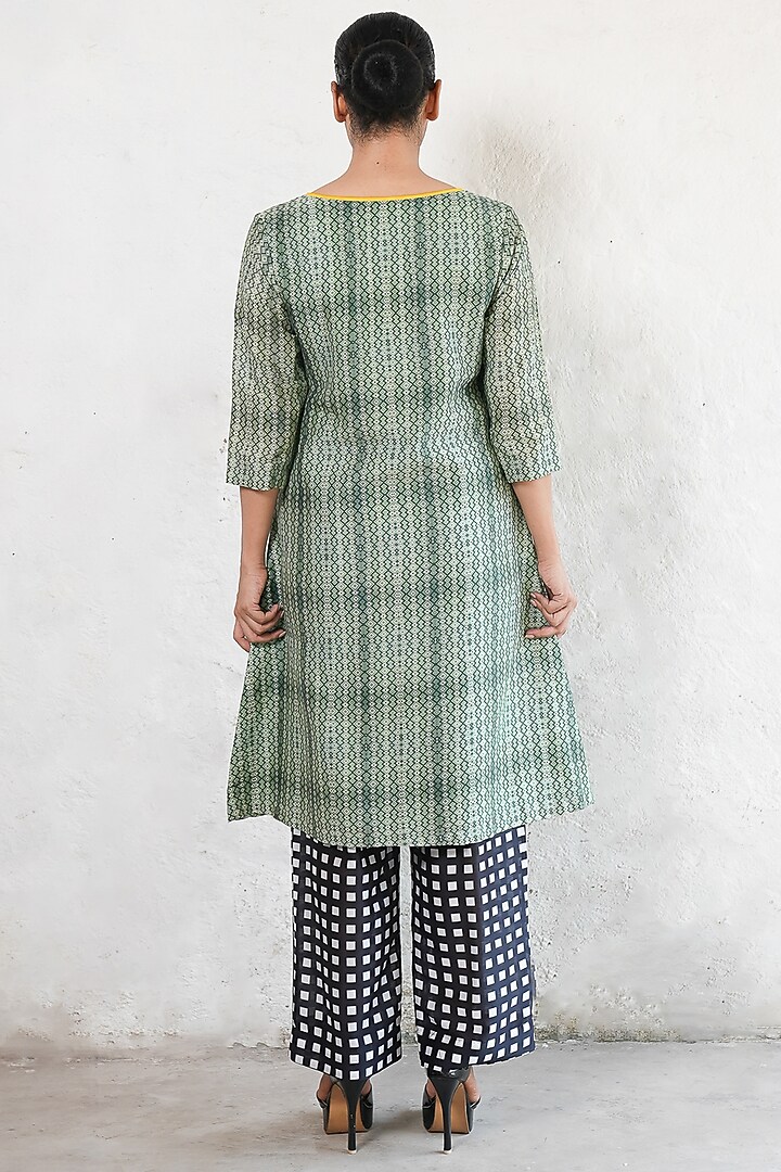 Olive Green Banarasi Cotton Silk Geometric Printed A-Line Kurta Set by Saksham and Neharicka at Pernia's Pop Up Shop