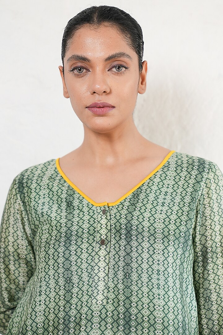 Olive Green Banarasi Cotton Silk Geometric Printed A-Line Kurta Set by Saksham and Neharicka at Pernia's Pop Up Shop