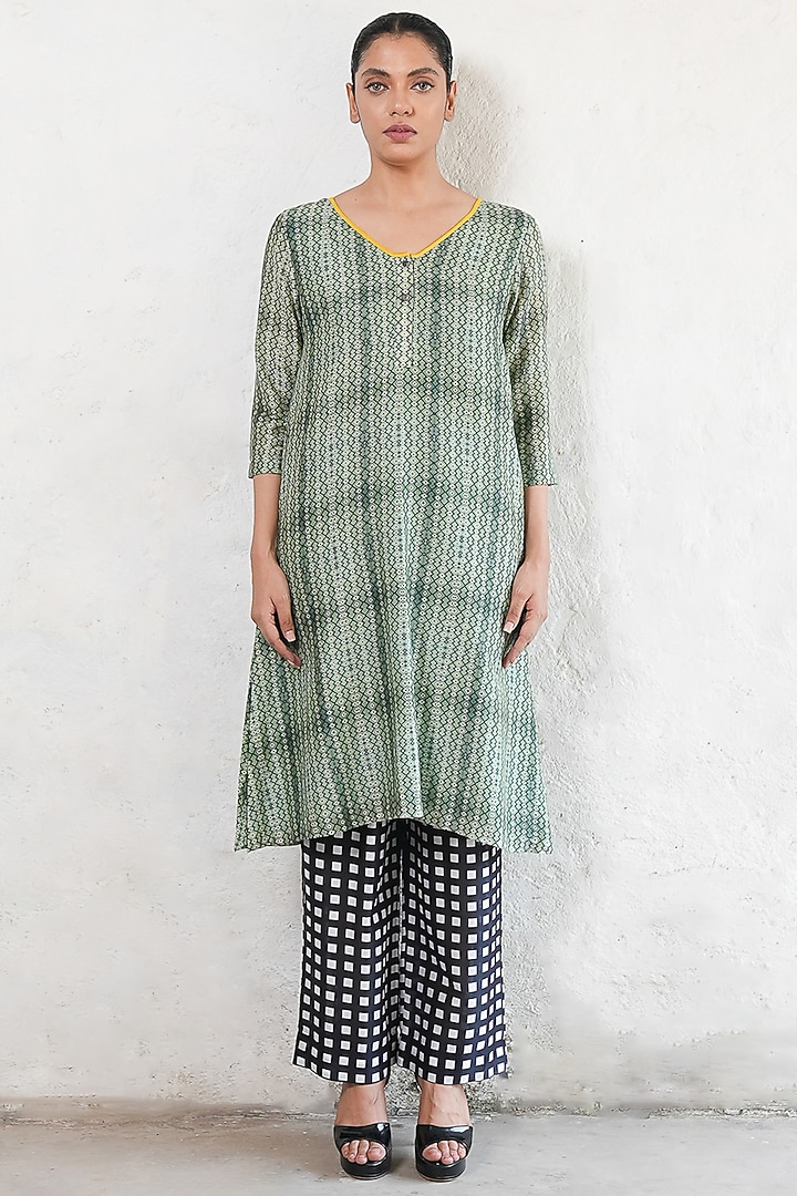 Olive Green Banarasi Cotton Silk Geometric Printed A-Line Kurta by Saksham and Neharicka at Pernia's Pop Up Shop