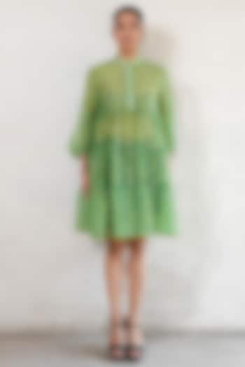 Green Cotton Silk Hand Embroidered Knee-Length Summer Dress by Saksham and Neharicka at Pernia's Pop Up Shop