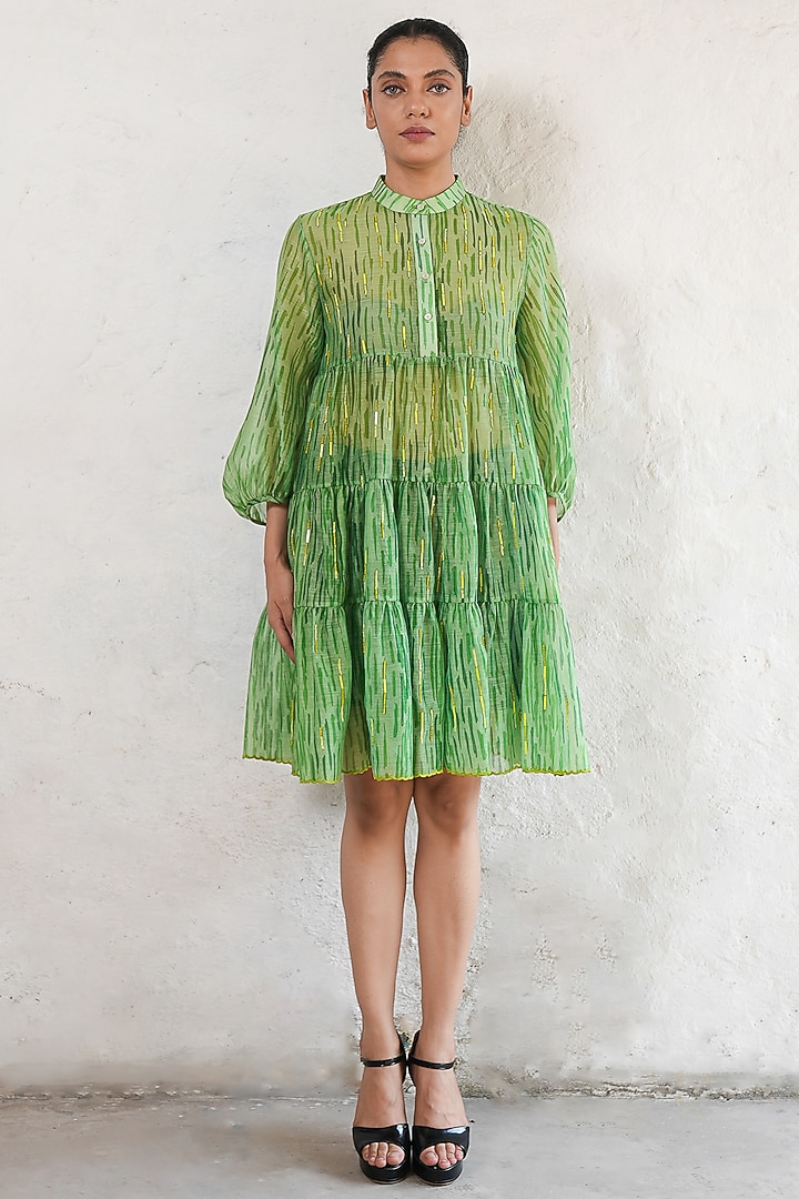 Green Cotton Silk Hand Embroidered Knee-Length Summer Dress by Saksham and Neharicka at Pernia's Pop Up Shop