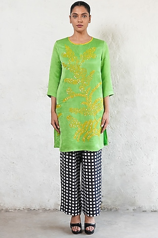 Green Linen Satin Hand Embroidered Kurta Set by Saksham and Neharicka
