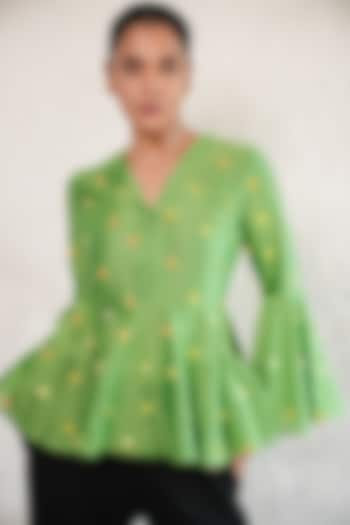 Green Banarasi Cotton Silk Sequins Embroidered Peplum Top by Saksham and Neharicka at Pernia's Pop Up Shop
