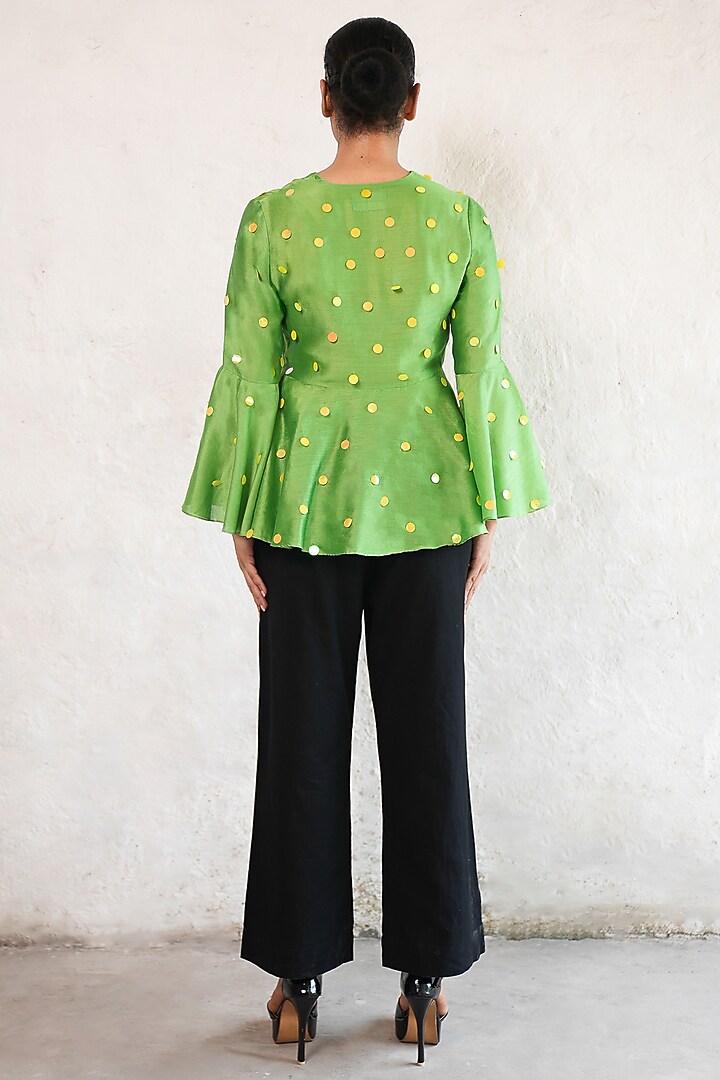 Green Banarasi Cotton Silk Sequins Embroidered Peplum Top by Saksham and Neharicka at Pernia's Pop Up Shop
