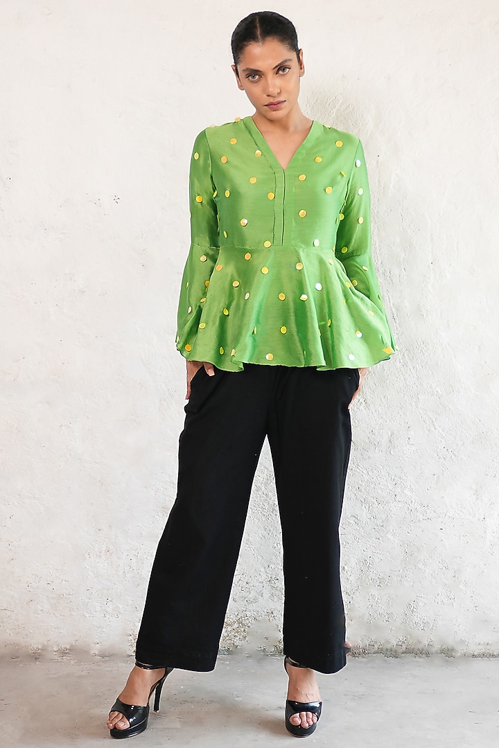 Green Banarasi Cotton Silk Sequins Embroidered Peplum Top by Saksham and Neharicka at Pernia's Pop Up Shop