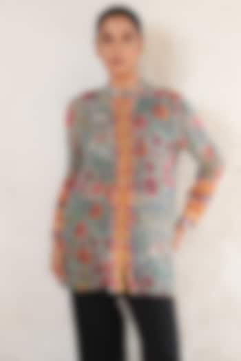 Grey Georgette Hand Embroidered & Printed Shirt by Saksham and Neharicka at Pernia's Pop Up Shop
