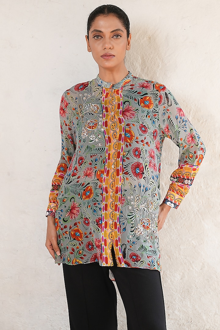 Grey Georgette Hand Embroidered & Printed Shirt by Saksham and Neharicka at Pernia's Pop Up Shop
