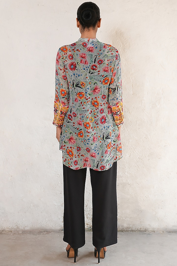 Grey Georgette Hand Embroidered & Printed Shirt by Saksham and Neharicka at Pernia's Pop Up Shop