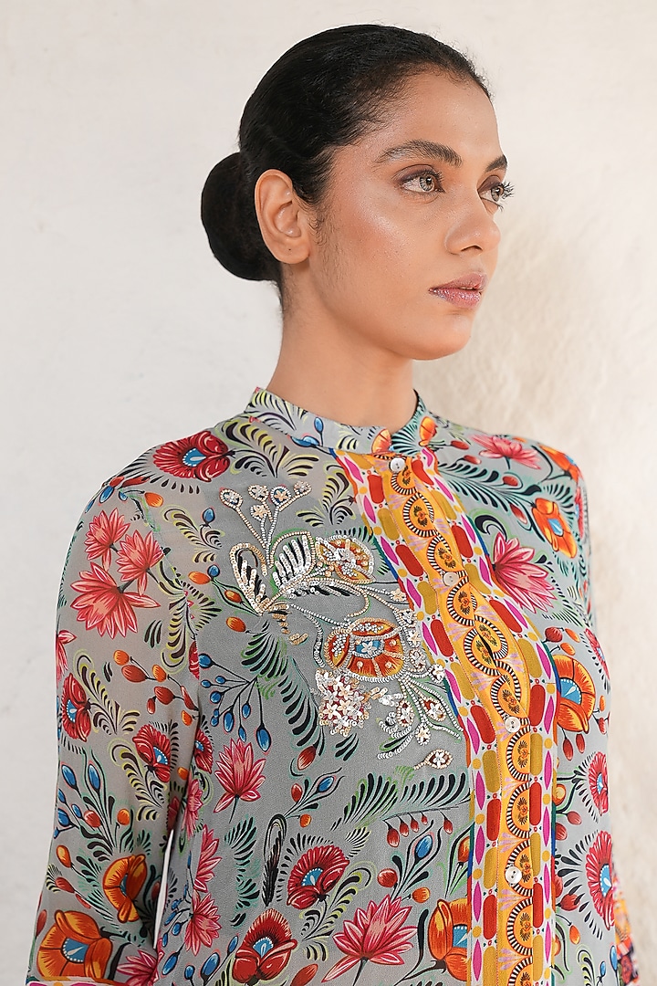 Grey Georgette Hand Embroidered & Printed Shirt by Saksham and Neharicka at Pernia's Pop Up Shop