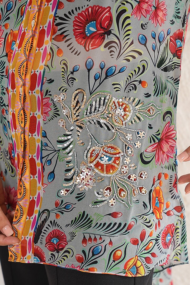 Grey Georgette Hand Embroidered & Printed Shirt by Saksham and Neharicka at Pernia's Pop Up Shop