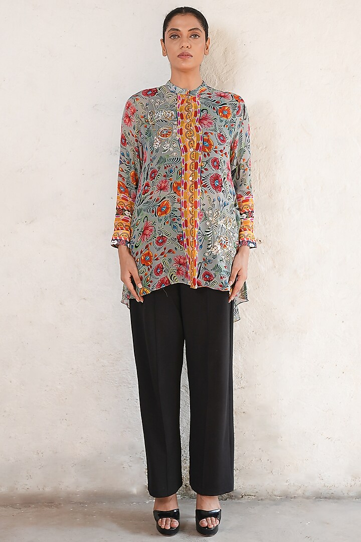 Grey Georgette Hand Embroidered & Printed Shirt by Saksham and Neharicka at Pernia's Pop Up Shop
