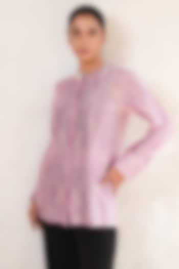 Purple Banarasi Cotton Silk Printed & Hand Embroidered Shirt by Saksham and Neharicka at Pernia's Pop Up Shop