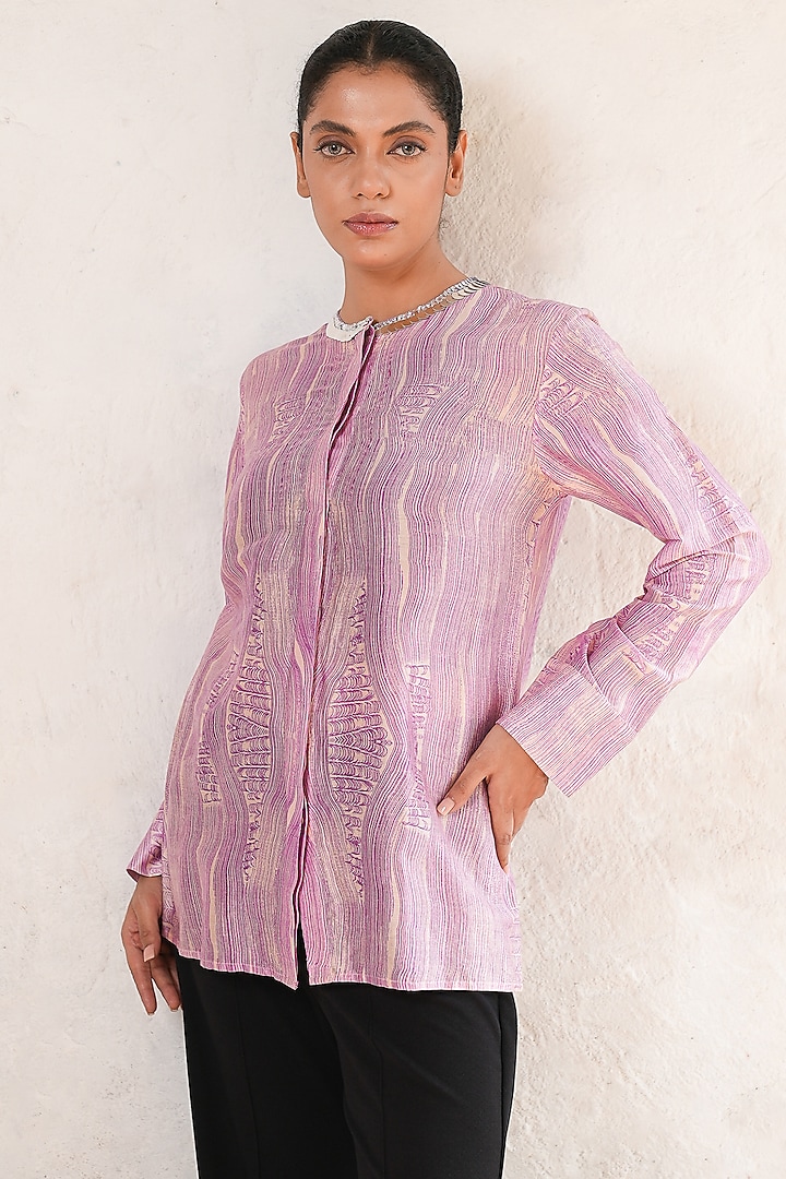 Purple Banarasi Cotton Silk Printed & Hand Embroidered Shirt by Saksham and Neharicka at Pernia's Pop Up Shop