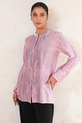 Purple Banarasi Cotton Silk Printed & Hand Embroidered Shirt by Saksham and Neharicka