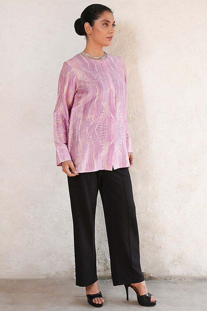 Purple Banarasi Cotton Silk Printed & Hand Embroidered Shirt by Saksham and Neharicka at Pernia's Pop Up Shop