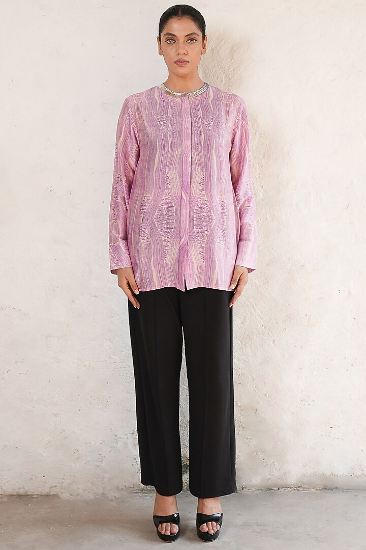Purple Banarasi Cotton Silk Printed & Hand Embroidered Shirt by Saksham and Neharicka at Pernia's Pop Up Shop
