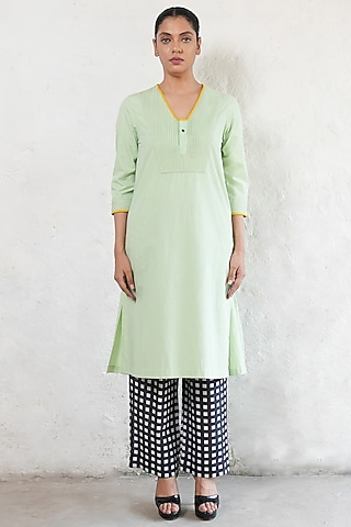 Mint Banarasi Cotton Silk Sequins Embroidered A-Line Kurta Set by Saksham and Neharicka