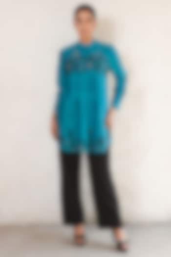 Teal Blue Banarasi Cotton Silk Hand Embroidered Shirt by Saksham and Neharicka at Pernia's Pop Up Shop