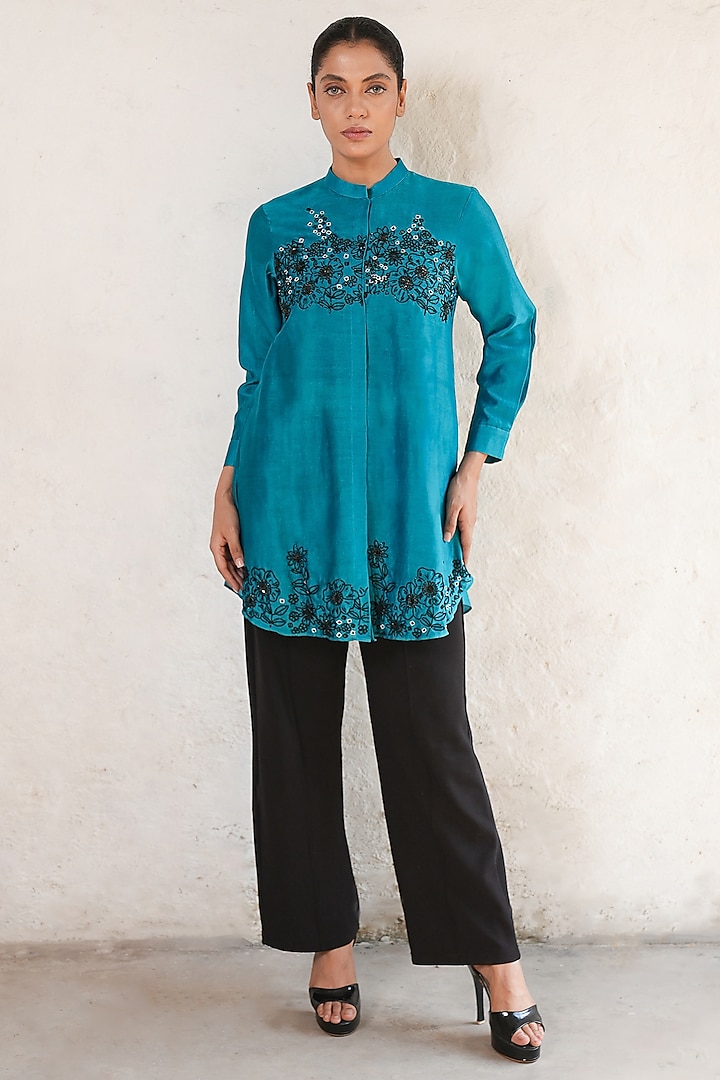 Teal Blue Banarasi Cotton Silk Hand Embroidered Shirt by Saksham and Neharicka at Pernia's Pop Up Shop
