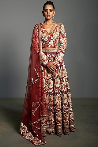 Red Embroidered Kalidar Lehenga Set by Saksham and Neharicka