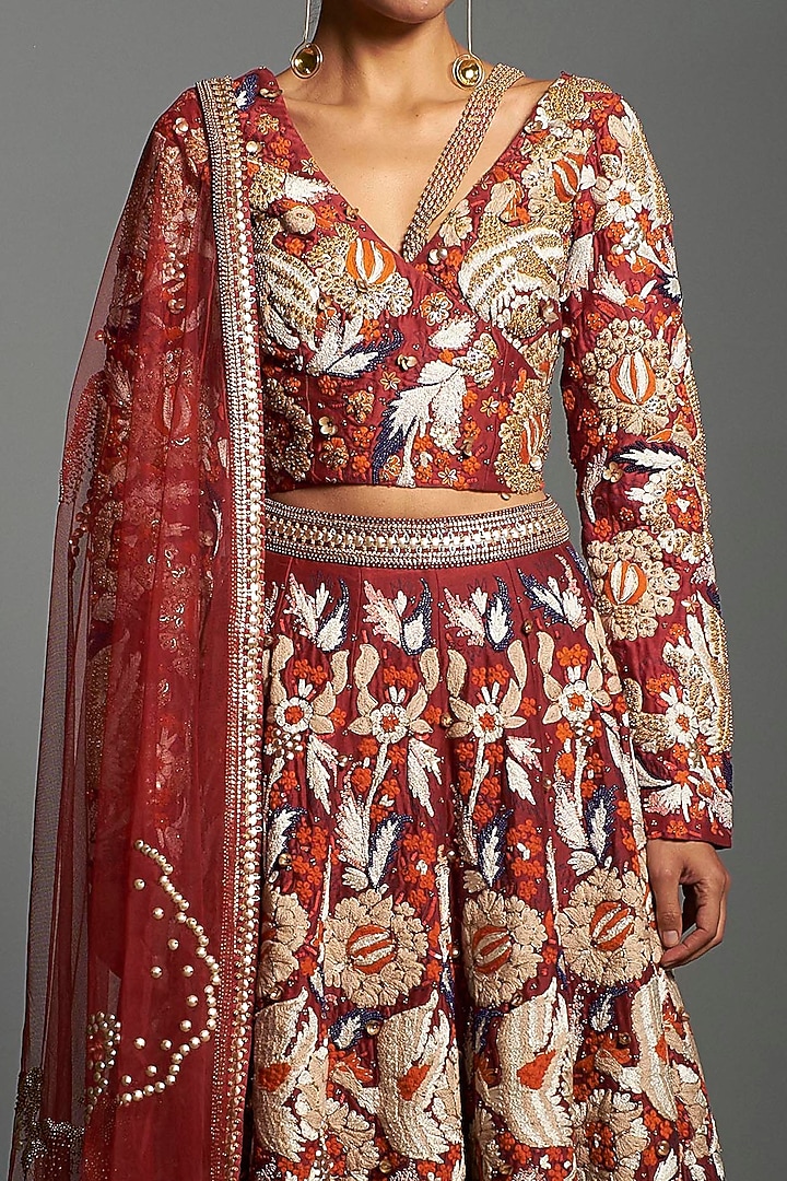 Red Embroidered Kalidar Bridal Lehenga Set by Saksham and Neharicka at Pernia's Pop Up Shop