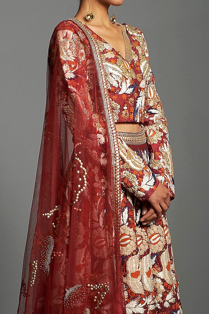 Red Embroidered Kalidar Bridal Lehenga Set by Saksham and Neharicka at Pernia's Pop Up Shop