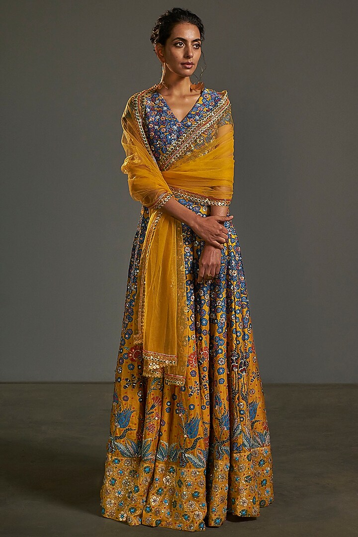 Yellow Printed & Embroidered Wedding Lehenga Set by Saksham and Neharicka at Pernia's Pop Up Shop
