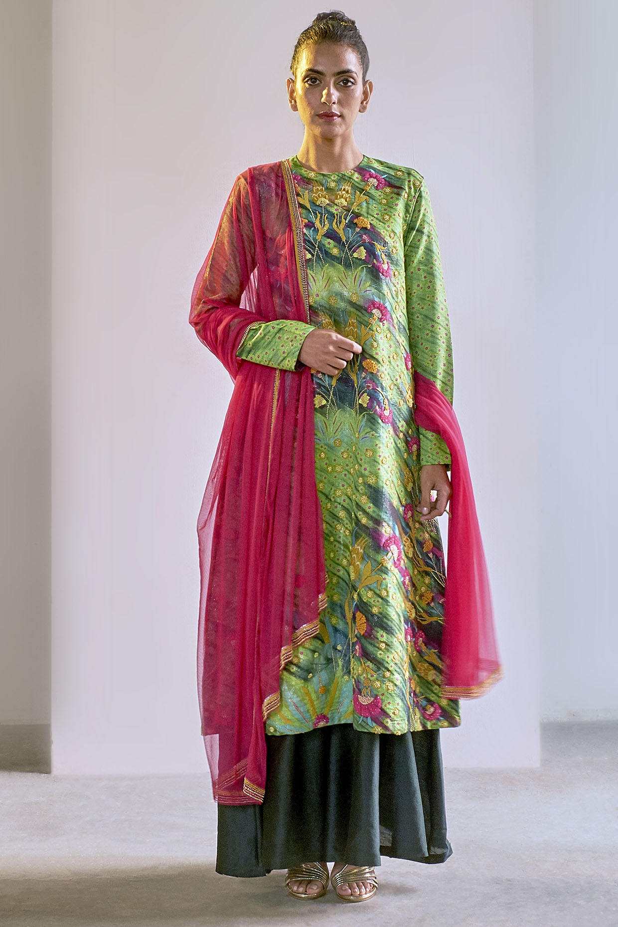 Green & Fuchsia Hand Embroidered Party Wear Sharara Set by Saksham and Neharicka at Pernia's Pop Up Shop