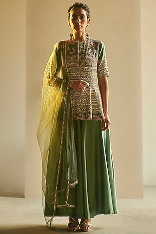 Green Hand Embroidered Sharara Set by Saksham and Neharicka