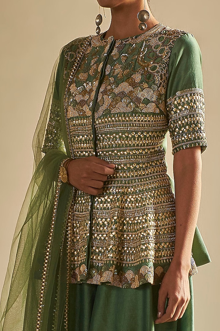 Green Hand Embroidered Wedding Sharara Set by Saksham and Neharicka at Pernia's Pop Up Shop