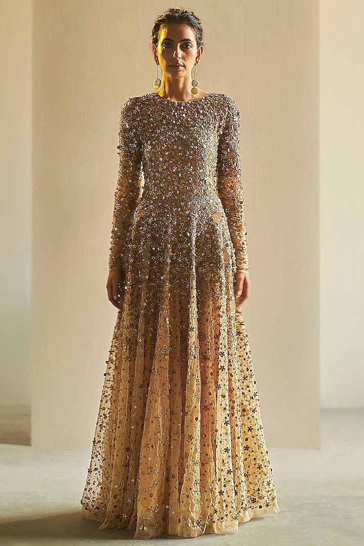 Golden Hand Embroidered Gown by Saksham and Neharicka