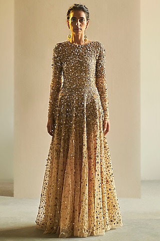 Golden Hand Embroidered Gown by Saksham and Neharicka