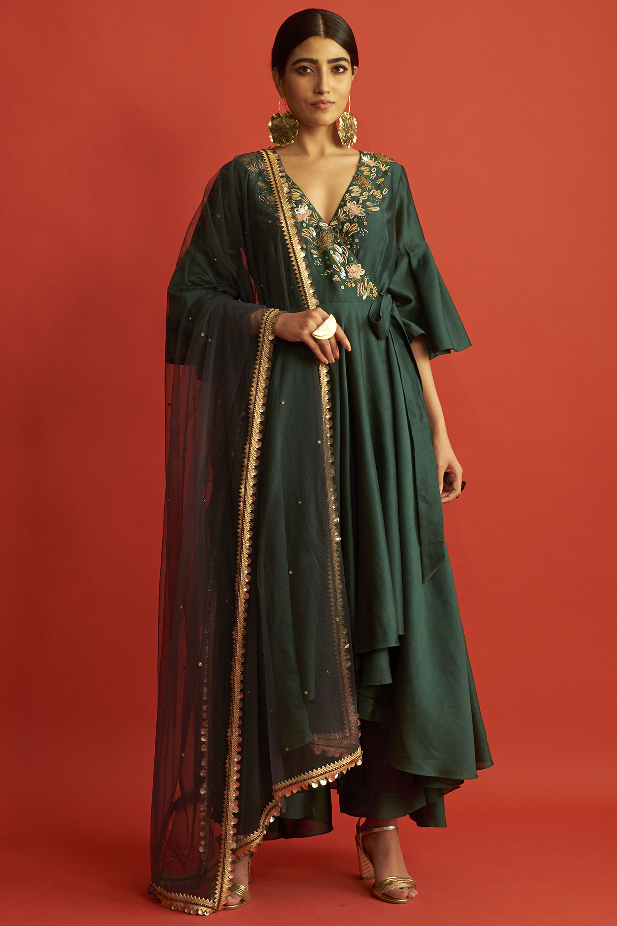 Emerald Green Embroidered Angrakha Kurta Set by Saksham and Neharicka at Pernia's Pop Up Shop